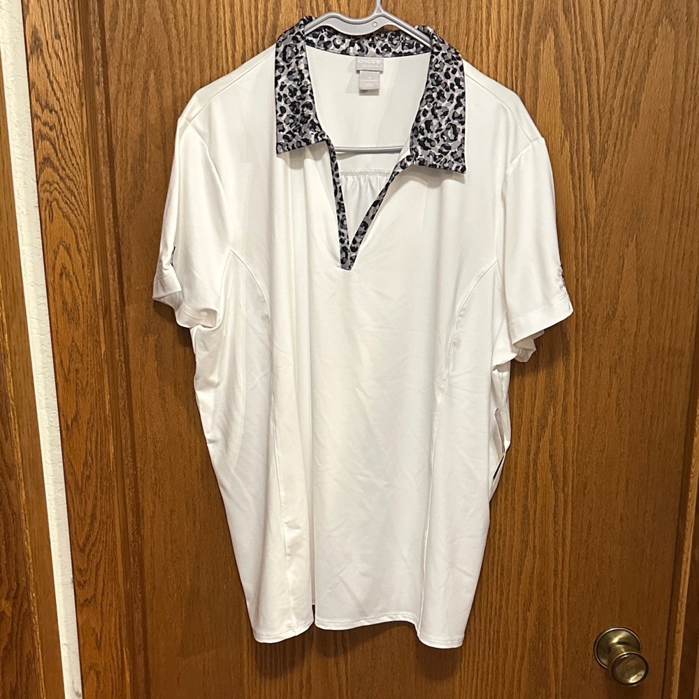 Chico's White Polo with Black Patterned Collar